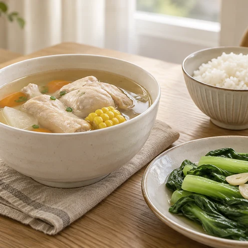 家常湯水、白飯與蔬菜（AI 生成示意照片）
